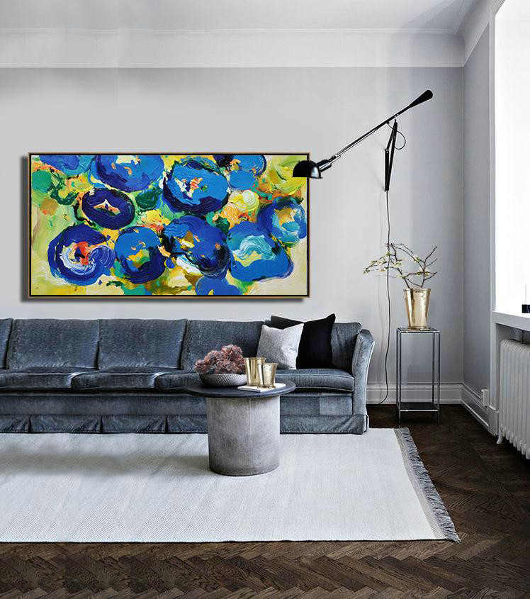 Extra Large 72" Acrylic Painting,Horizontal Palette Knife Contemporary Art Panoramic Canvas Painting,Large Oil Canvas Art,Blue,Yellow,Green.etc